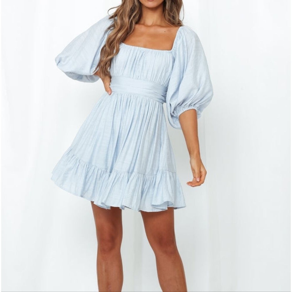 Hello Molly This Is Espionage Dress Blue Sleeves Tie Back Baby Doll Flowy Large